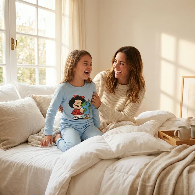 Mamá e hija usando pijamas de Mafalda de CileDreams