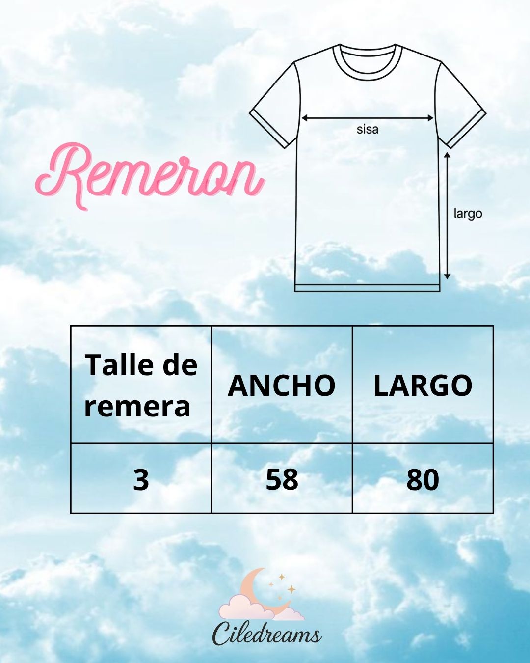 Tabla de talles para remerones. Medidas de ancho y largo para talle 3.