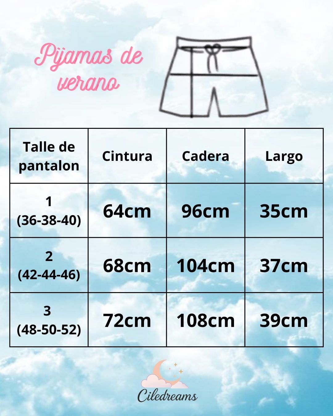 Tabla de talles para shorts de pijamas de verano. Medidas de cintura, cadera y largo para talles 1, 2 y 3, con equivalencias de pantalón.